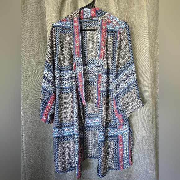 Tahari Kimono Duster Open Front Cover Up Bohemian Blue Floral Size L-XL - Picture 1 of 7